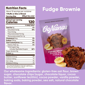 GoNanas Fudge Brownie Banana Bread Mix ingredients, cocoa powder and chips for fudgy flavor.
