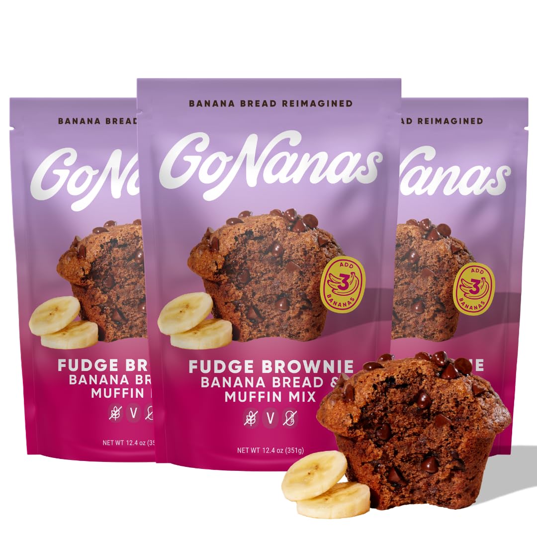 GoNanas Fudge Brownie Banana Bread Mix packshot, vegan and gluten-free option for dairy-free snacking.