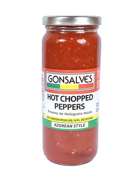 Gonsalves Hot Chopped Peppers bottle pour shows bold Azorean flavor for grilled meats.