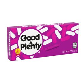 GOOD & PLENTY licorice box in hand, showing portable fat-free snack option.