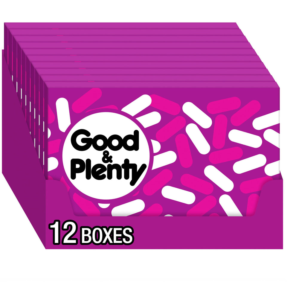 GOOD & PLENTY licorice candy boxes, 12-count display for convenient bulk snacking.