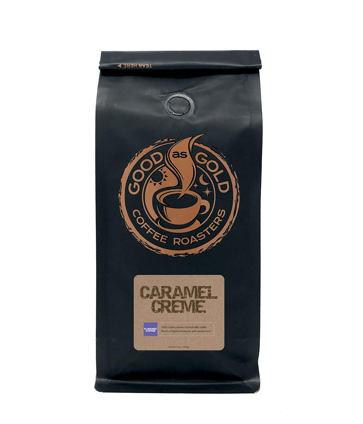 Good As Gold Caramel Cream coffee cup steaming to showcase inviting aroma.