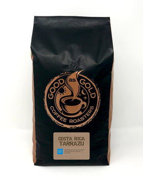 Good As Gold Tarrazu brewed coffee in a mug.