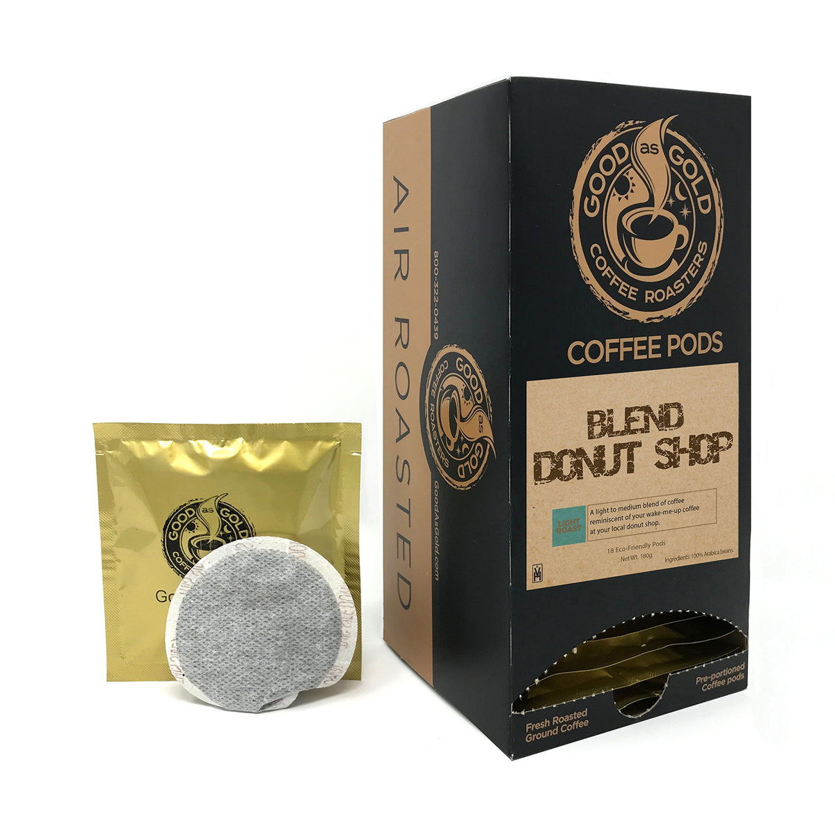 Good As Gold donut shop coffee pod box showing bold, fresh morning brew option.