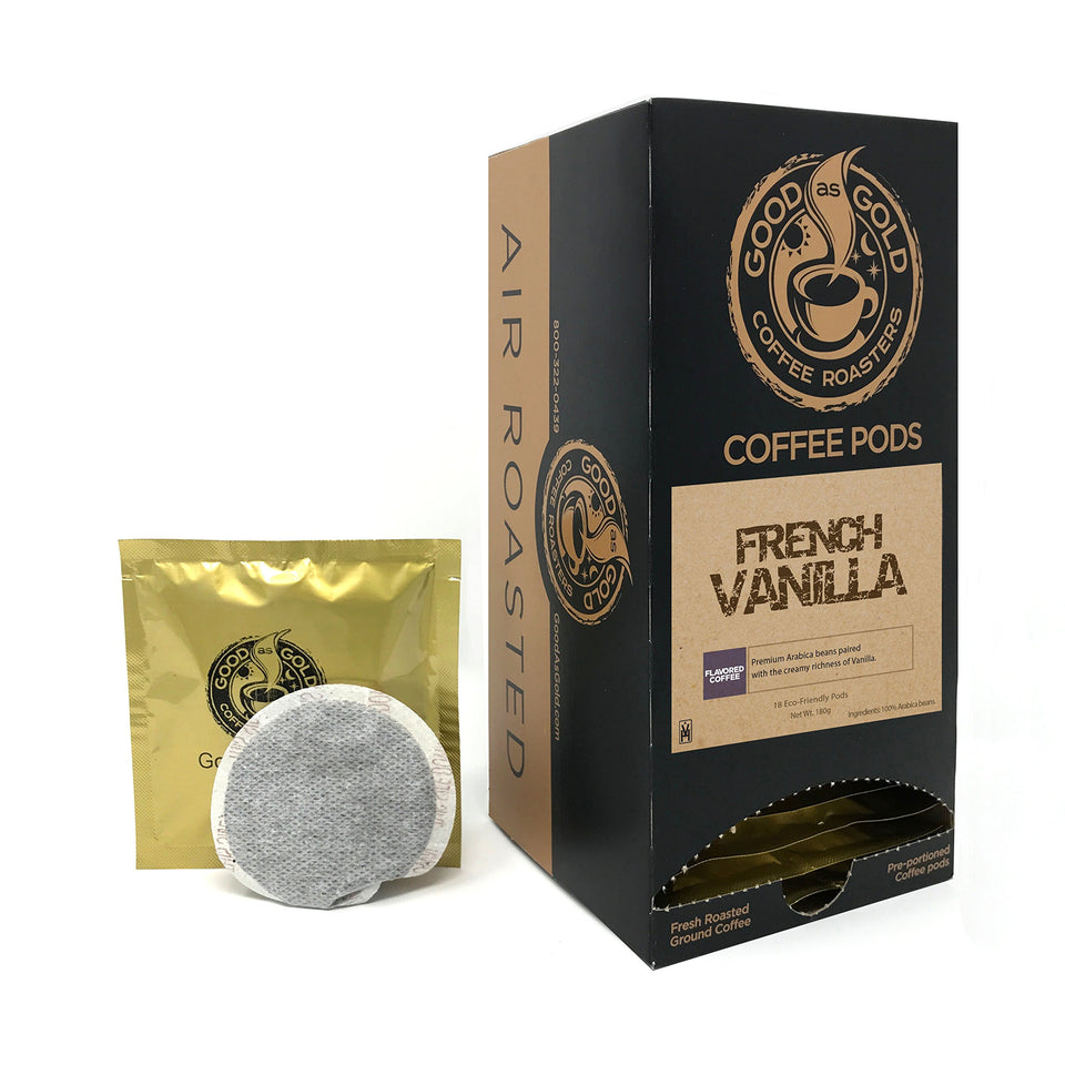 Good As Gold French Vanilla coffee pods pack highlights premium aroma and freshness.