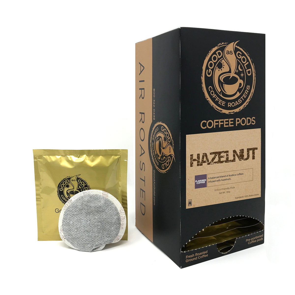 Good As Gold hazelnut coffee pods for home brewing, kept fresh in foil