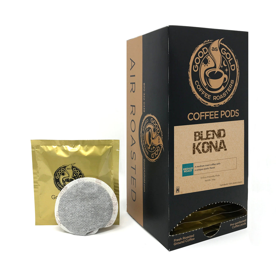 Good As Gold Kona Blend coffee pods box for convenient single-serve brewing at home.