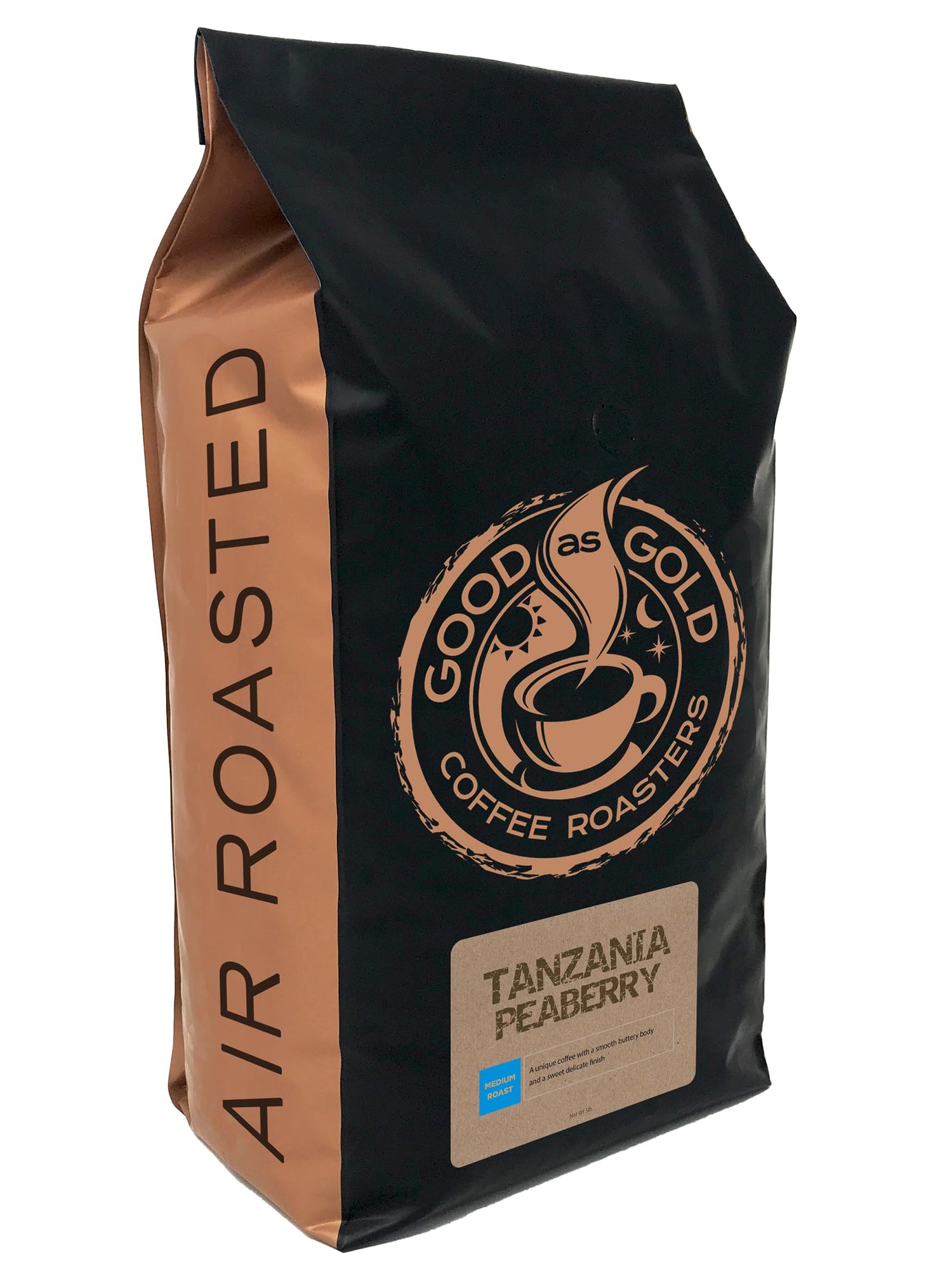 Good As Gold Tanzania Peaberry beans in a 5lb bag for rich flavor