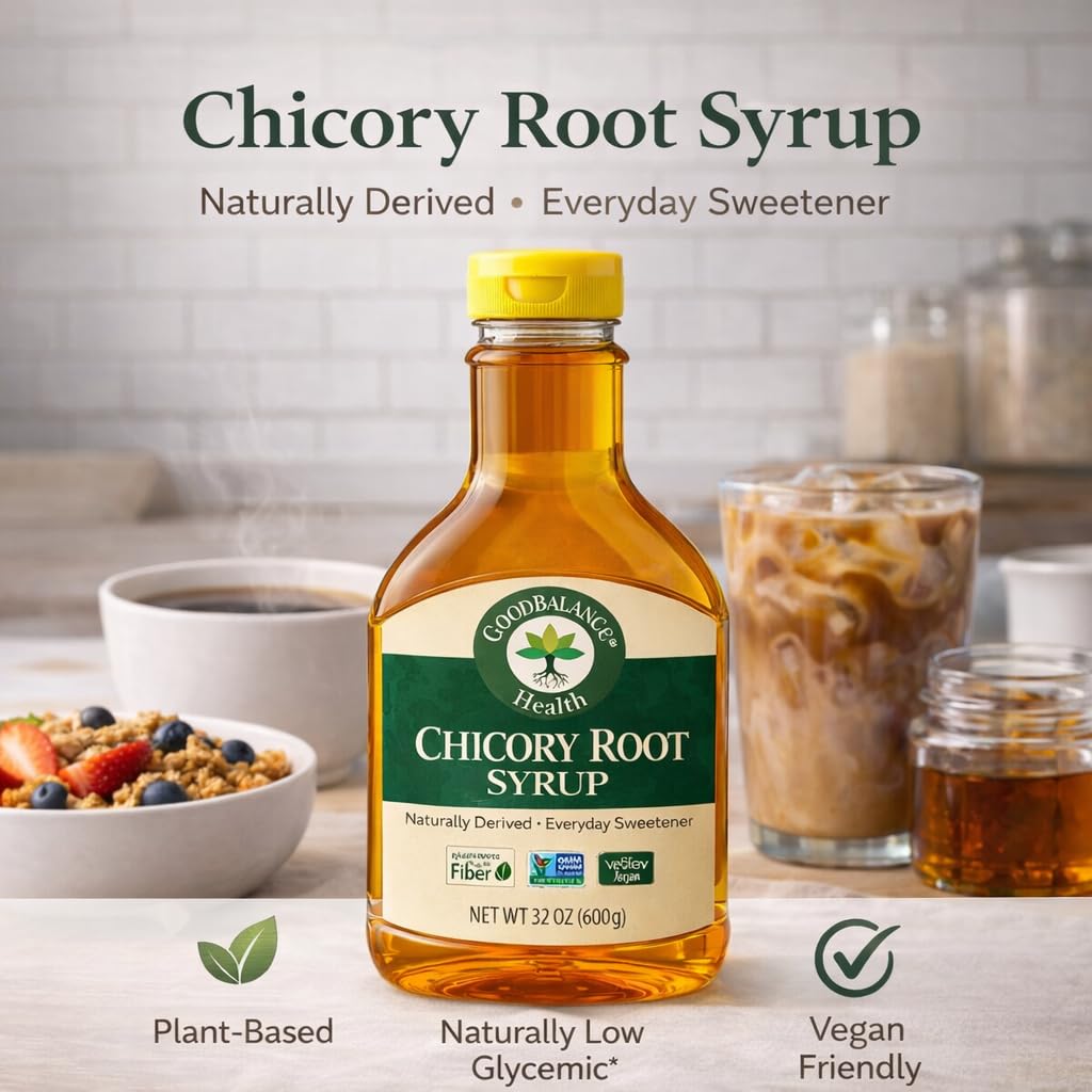 Good Balance chicory syrup bottle beside mixing bowls for baking