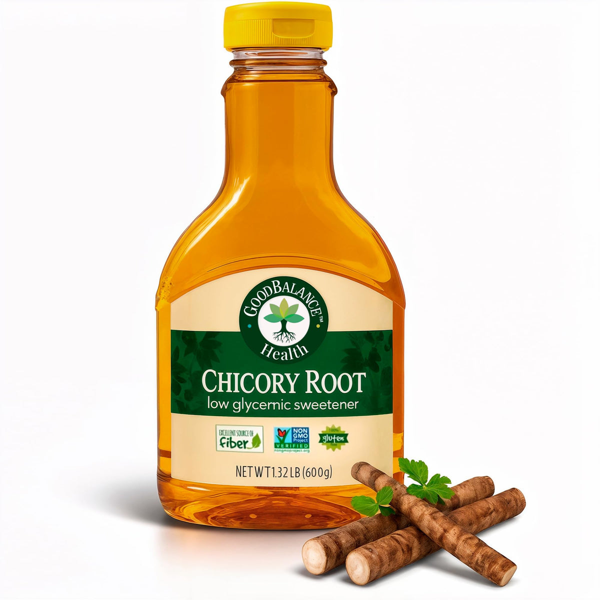 Good Balance chicory syrup bottle being poured for keto-friendly sweetness