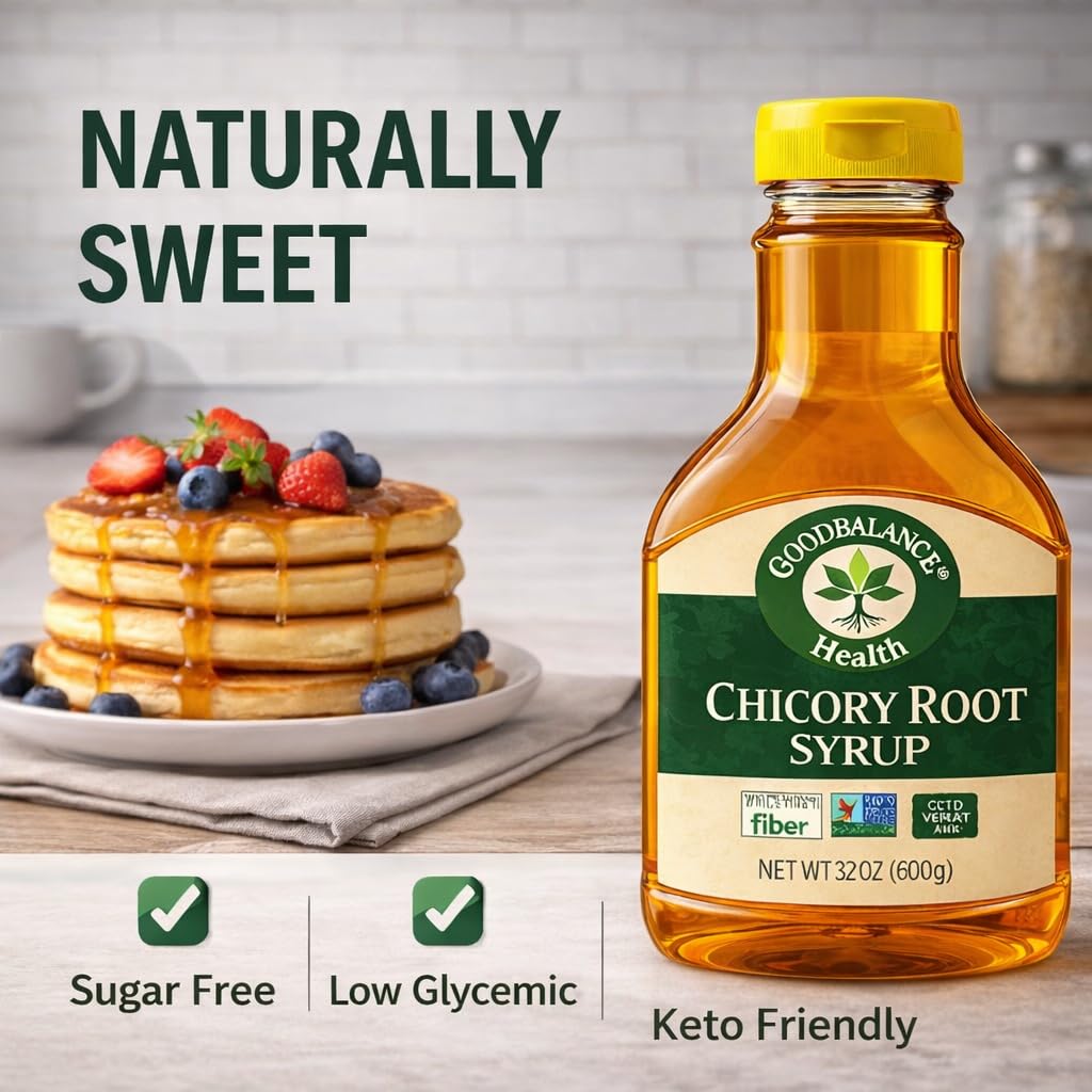 Good Balance chicory syrup in a glass, low glycemic sweetener option