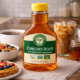 Good Balance chicory syrup over pancakes provides versatile breakfast sweetness