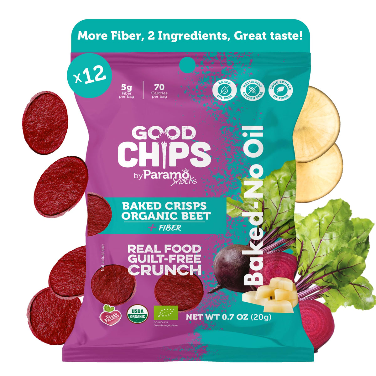 Good Chips Baked Organic Beet & Yacon Crisps close-up showing crunchy, fiber-rich bite