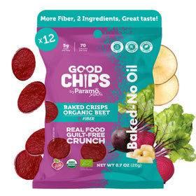 Good Chips Baked Organic Beet & Yacon Crisps close-up showing crunchy, fiber-rich bite