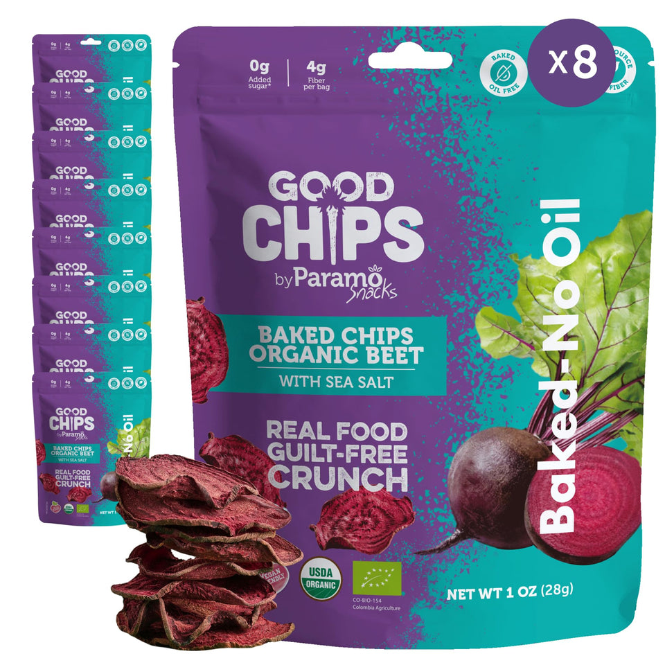 Good Chips by Paramo Snacks beet chips packaging with eight-pack for easy snacking