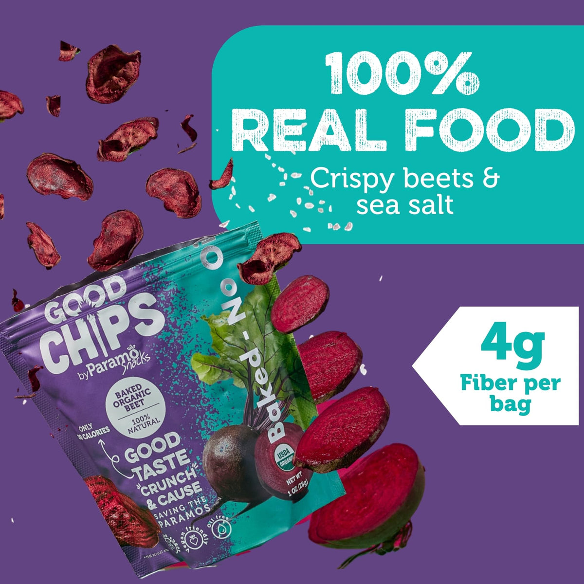 Single-serve 1 oz Good Chips beet chips bag ready for on-the-go snacking
