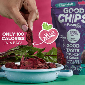 Crispy Good Chips beet chips captured mid-crunch inviting tasting