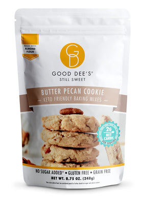 Good Dee's Butter Pecan Cookie Mix packaging shows gluten-free, dairy-free keto option.