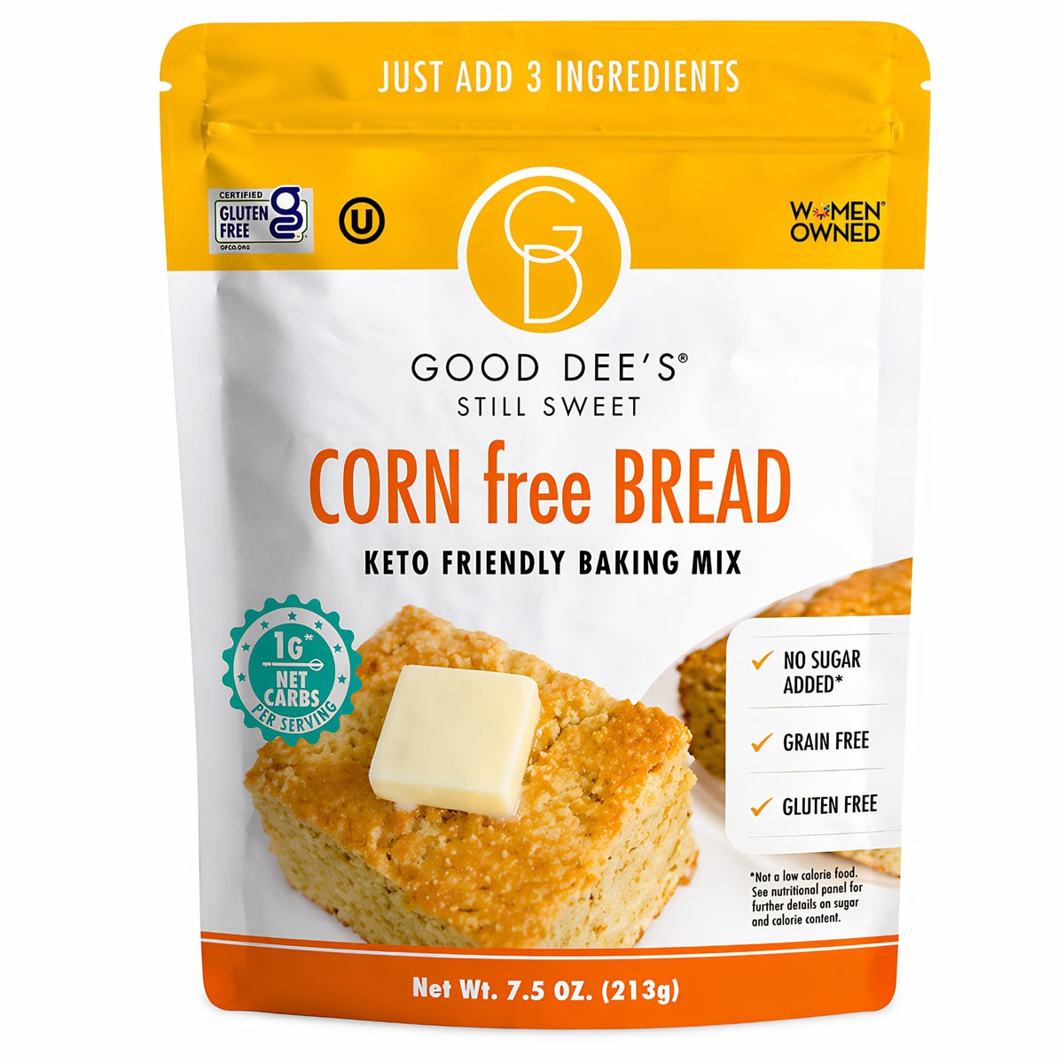 Good Dee's corn bread mix package highlighting grain-free ingredients for healthy baking.