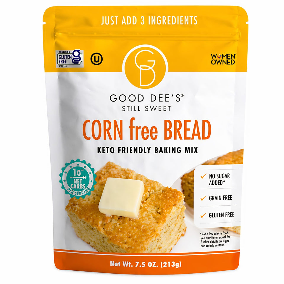 Good Dee's corn bread mix package highlighting grain-free ingredients for healthy baking.