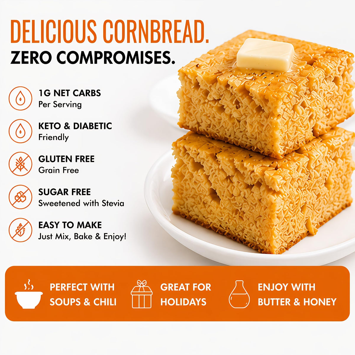 Slice of Good Dee's corn bread on a plate, paired with butter.