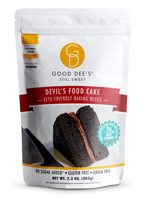Good Dee's Devil's Food Cake box front, gluten-free packaging for keto dessert.