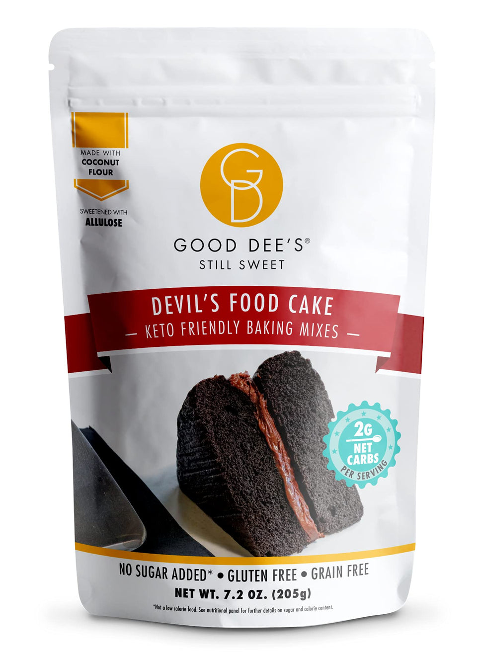 Good Dee's Devil's Food Cake box front, gluten-free packaging for keto dessert.