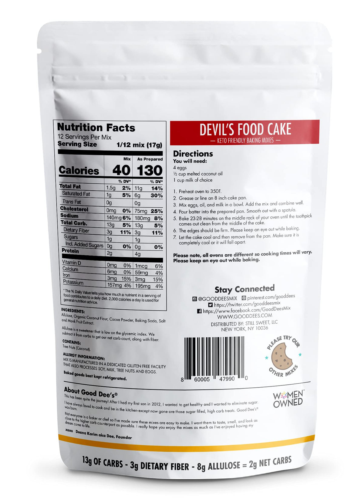 Organic coconut flour and cocoa powder in Good Dee's ingredients, highlighting premium baking.