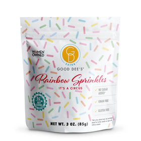 Good Dee's Keto Rainbow Sprinkles bottle pour adds sugar-free color to desserts.