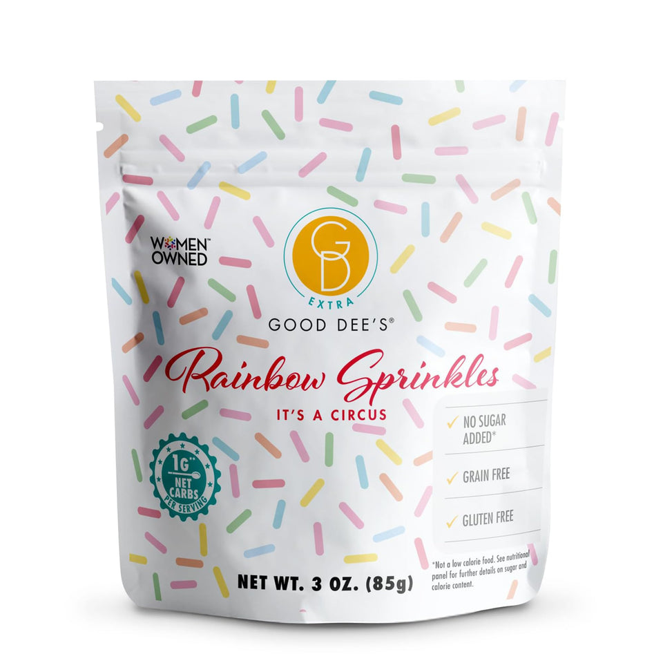 Good Dee's Keto Rainbow Sprinkles bottle pour adds sugar-free color to desserts.