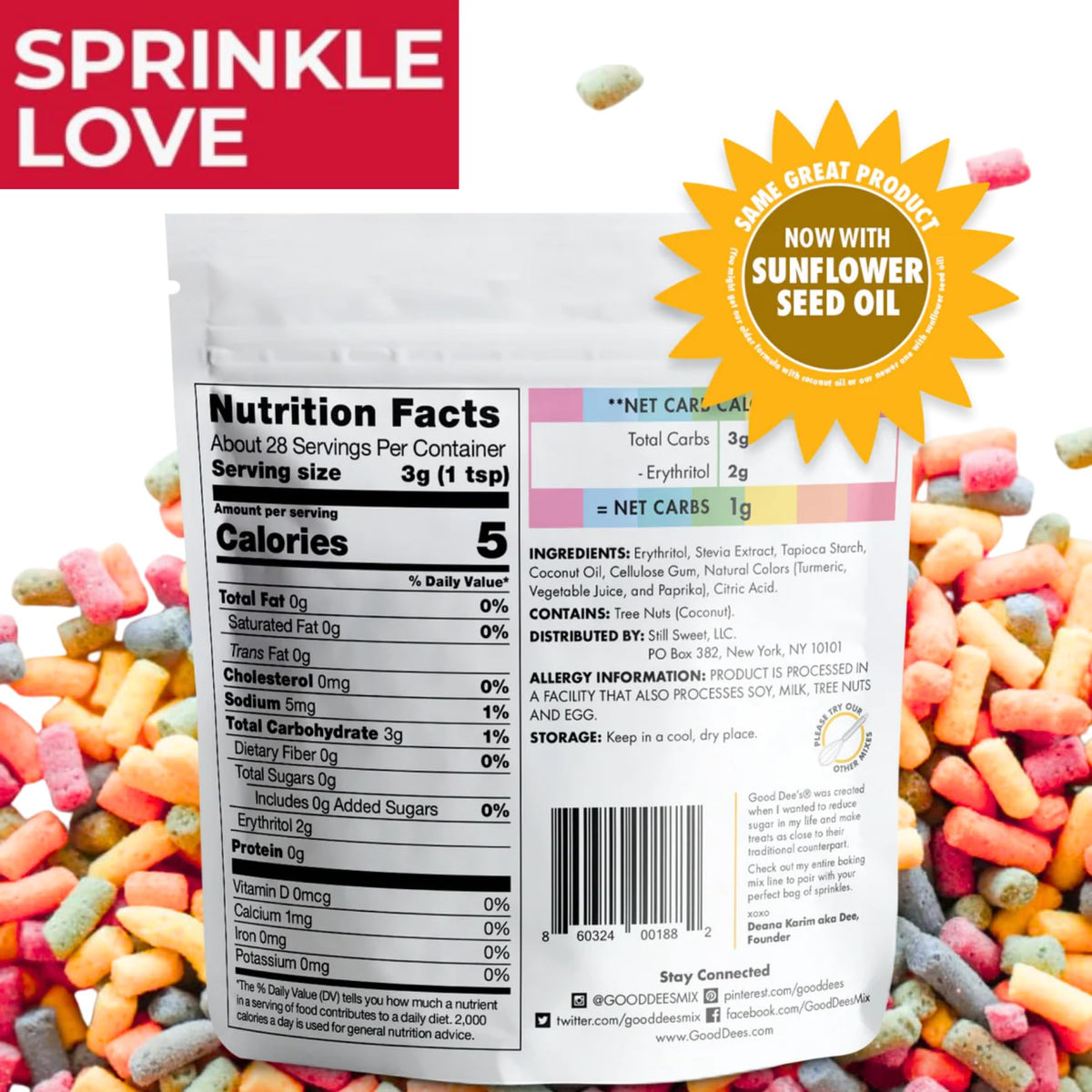 Good Dee's Rainbow Sprinkles on cupcakes show vibrant, gluten-free decoration.
