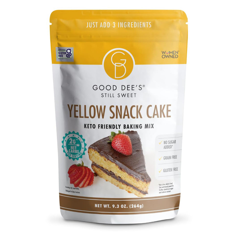 Good Dee's Keto Yellow Snack Cake Mix box ready to bake a gluten-free treat