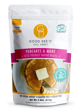 Good Dee’s Pancake Mix packaging highlights 1g net carbs per serving.