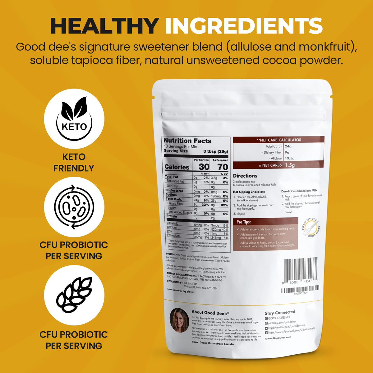 Good Dee's Sipping Chocolate packaging highlights gluten-free and keto-friendly benefits.