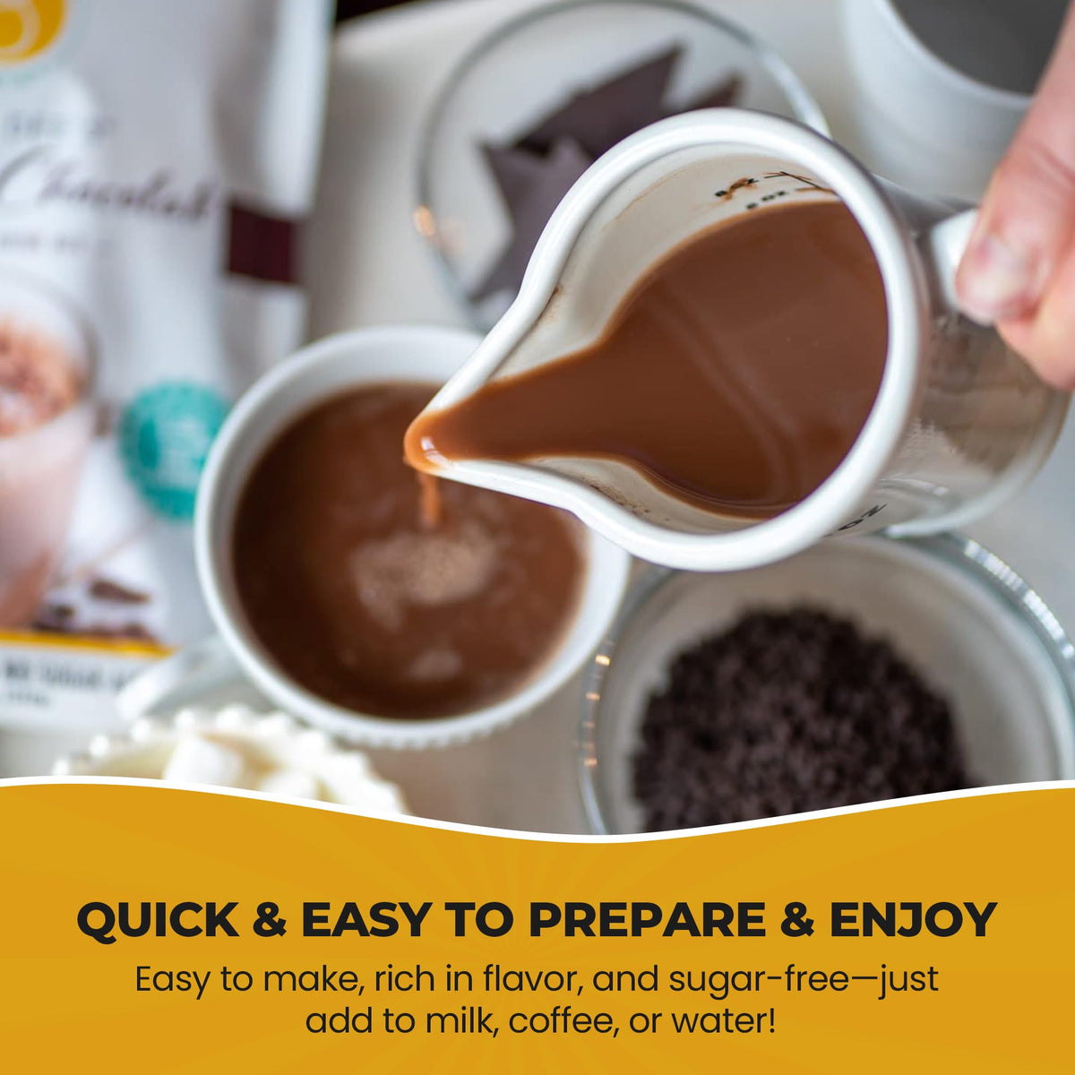 Stirring Good Dee's Sipping Chocolate into warm dairy-free milk for comfort.
