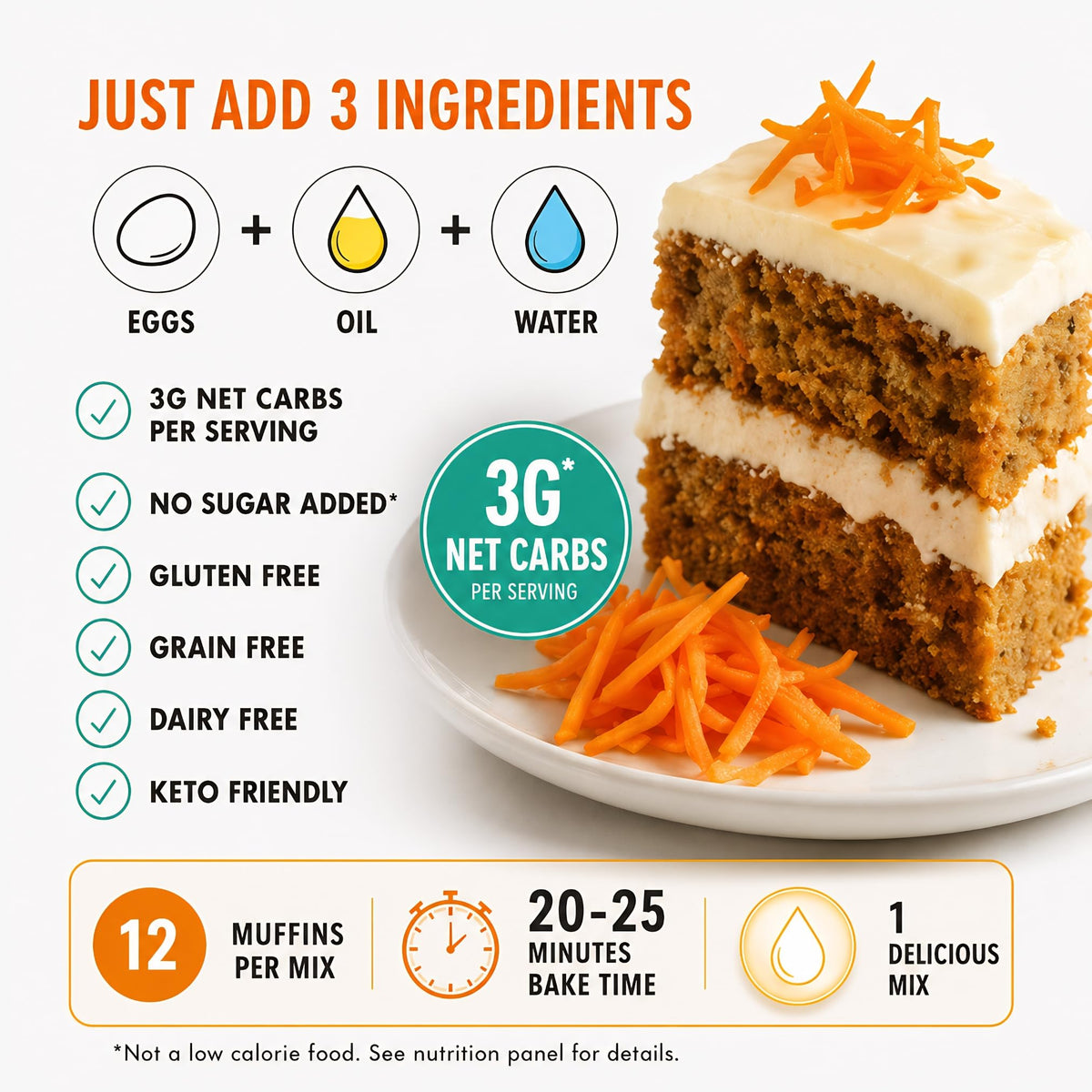 Whipped vanilla icing beside carrot cake with Good Dees mix.