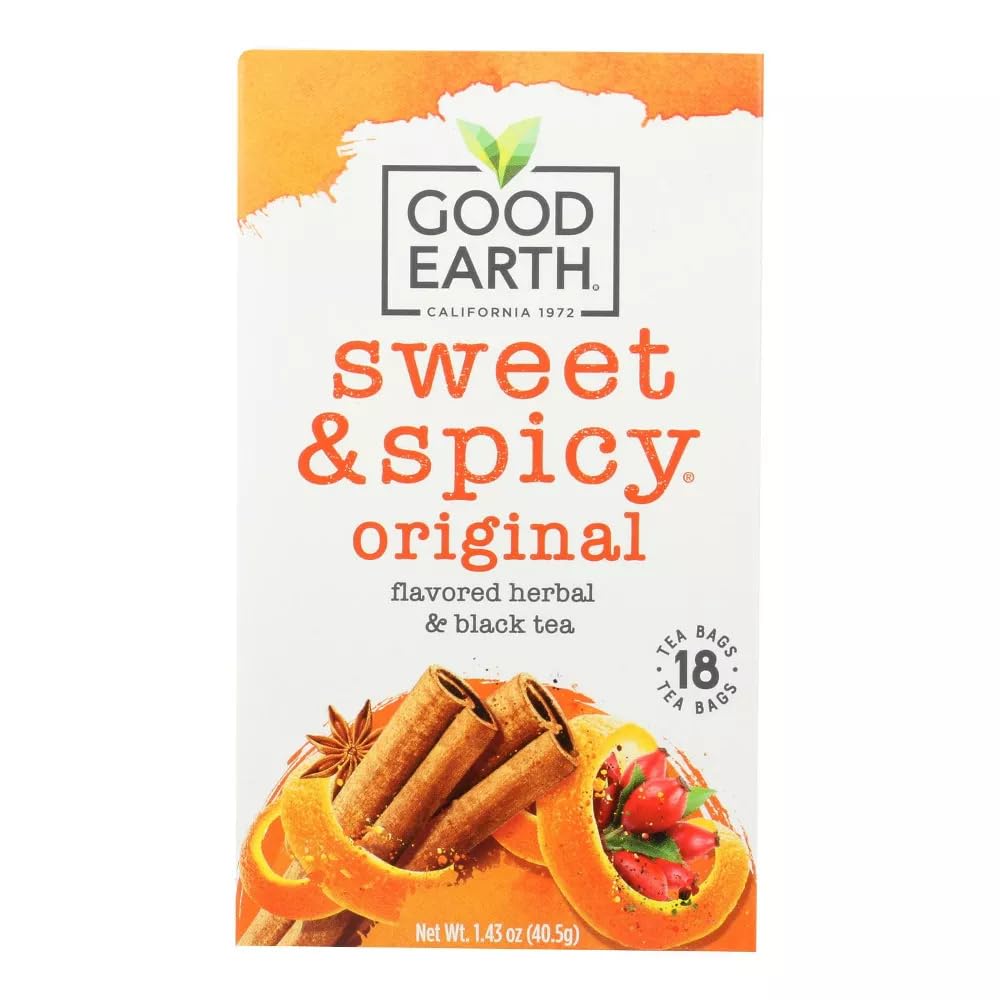 Good Earth Original Sweet Spicy tea bag close-up showing balanced herbal and black tea for a comforting sip.