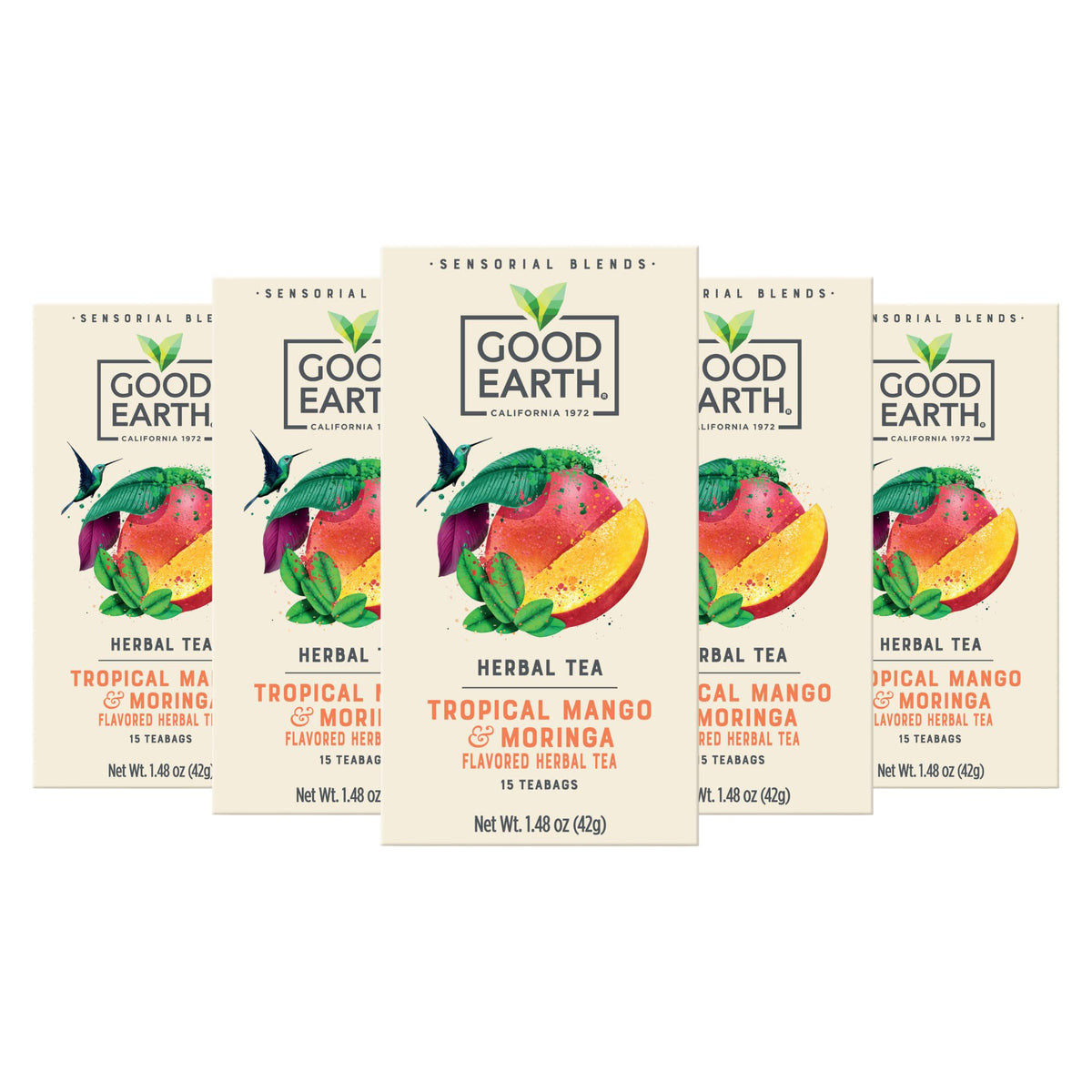 Good Earth Sensorial Blend Tropical Mango Moringa pack—bright aroma for a refreshing break.