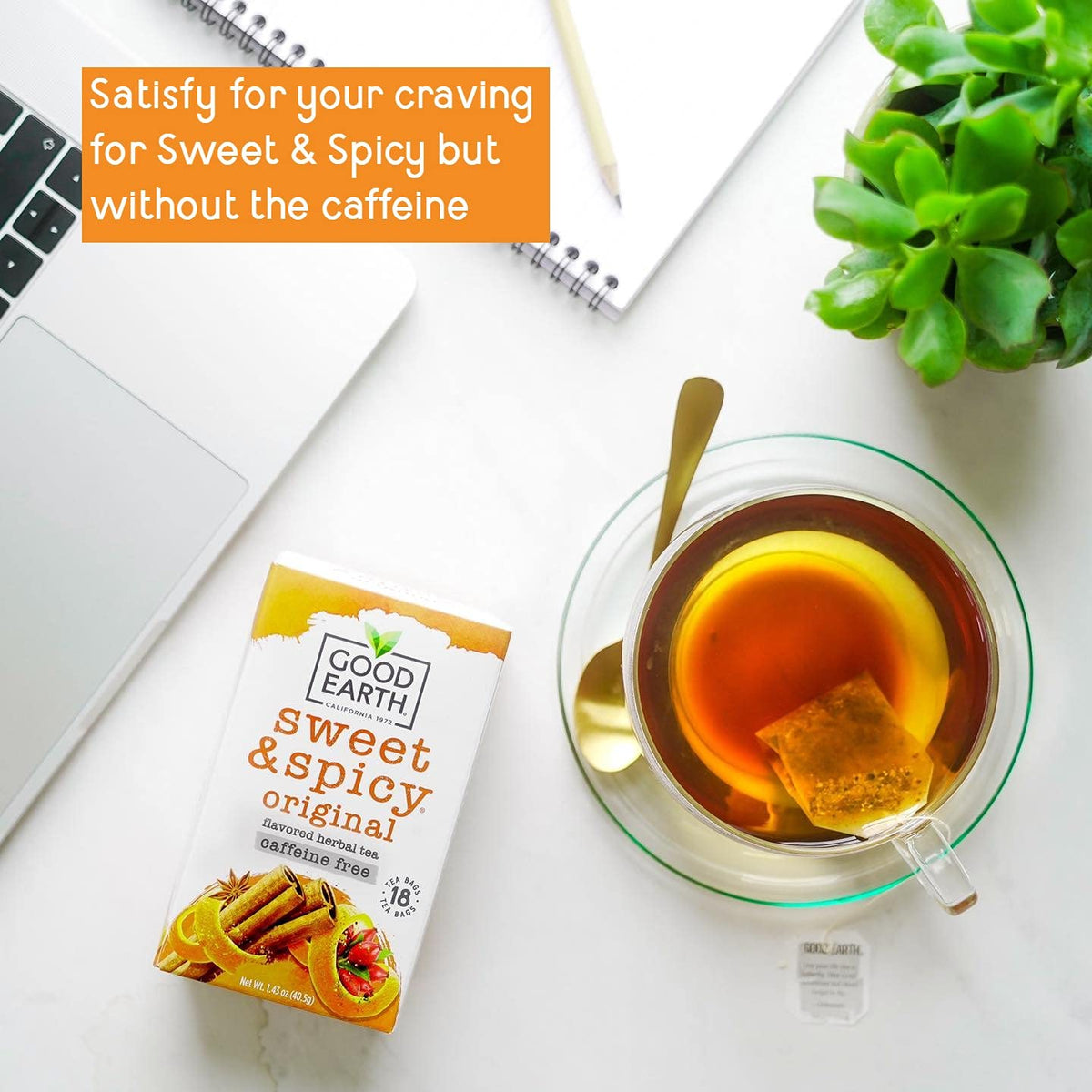 Good Earth Tea Co. Cup steaming with Sweet and Spicy tea for a comforting evening