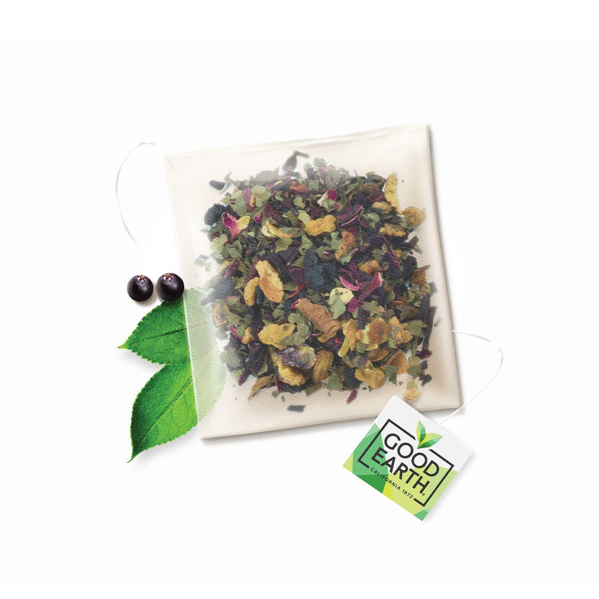 Good Earth Tea Co. Sensorial Blend tea bag closeup showing natural ingredients
