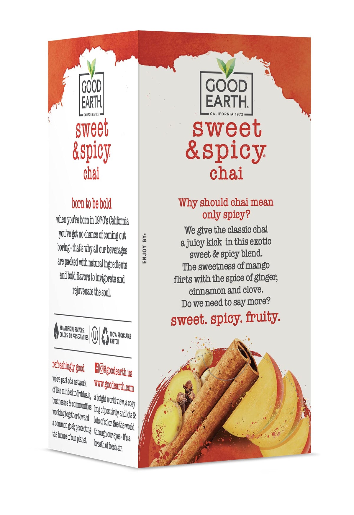 Good Earth Tea Co. Sweet & Spicy Chai label close-up highlighting bold flavor