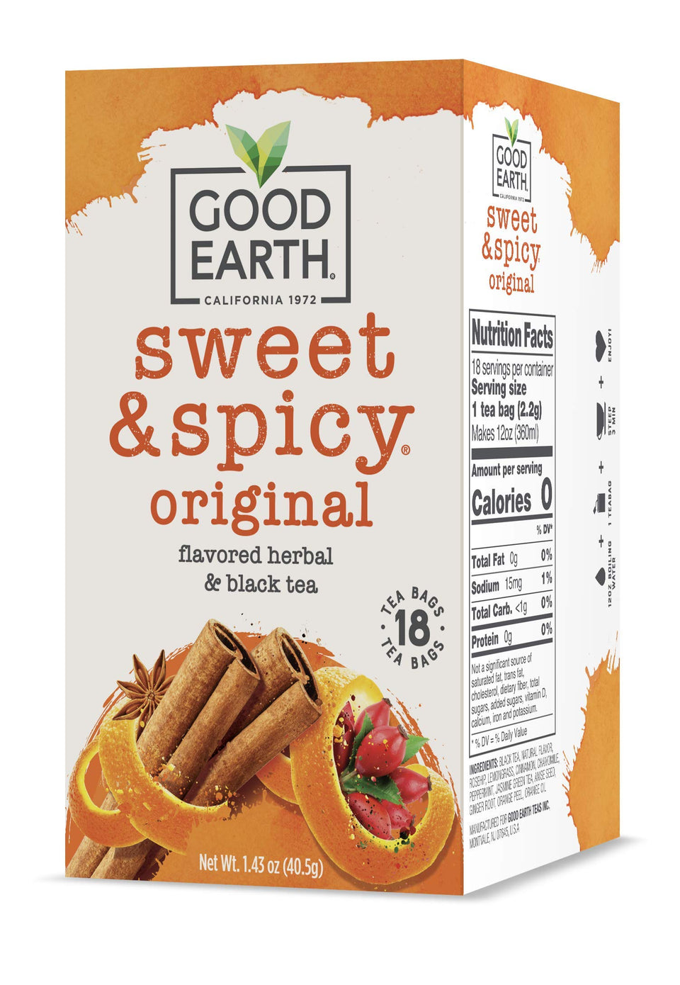 Good Earth Tea Co. Sweet & Spicy tea bags in box, ideal for cozy mornings