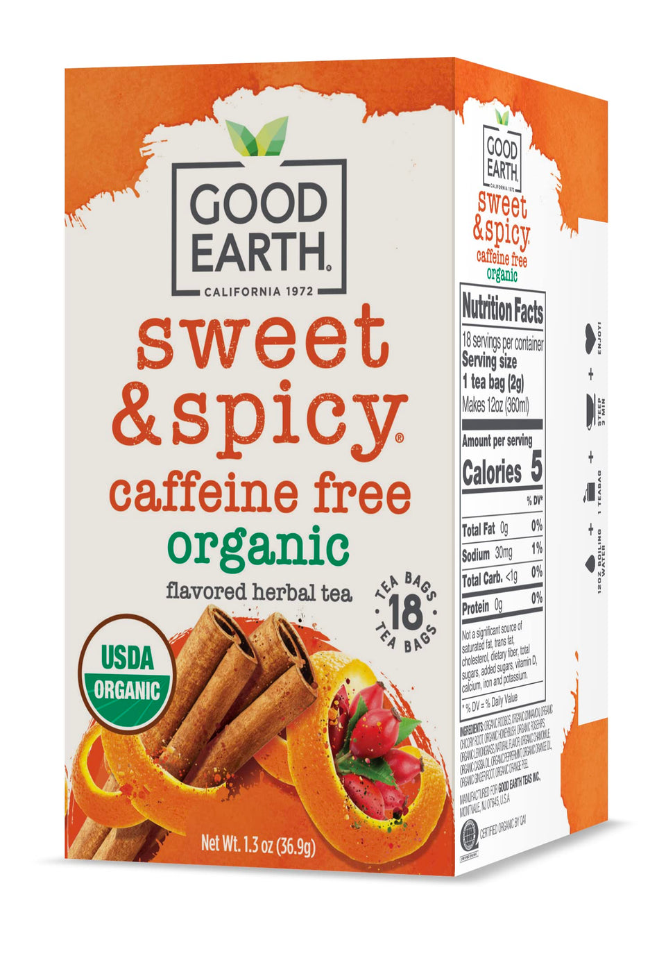 Good Earth Tea Co. Sweet & Spicy pack shot showing caffeine-free comfort