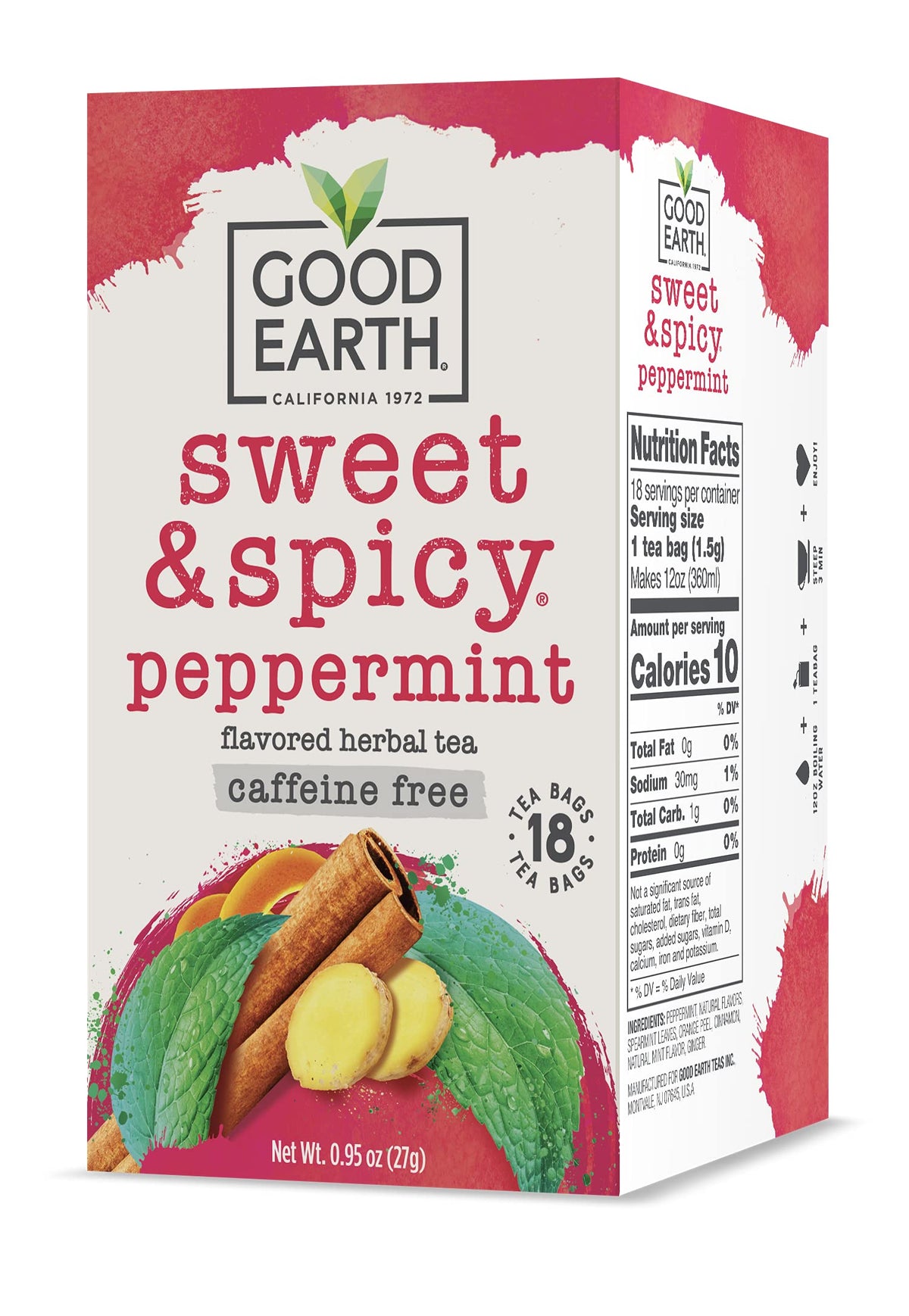 Good Earth Tea Co. Sweet & Spicy Peppermint teabags in a six-pack, caffeine-free ritual