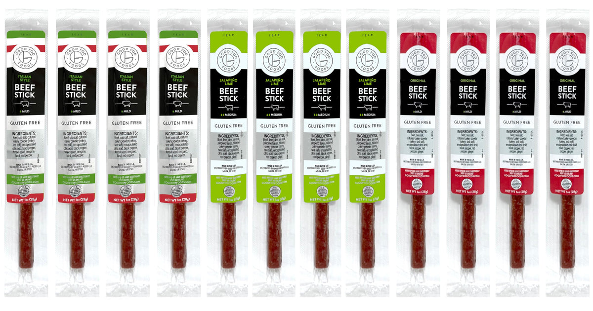 Good Fod Foods Meat Stick Variety Pack front view, easy on-the-go snack.