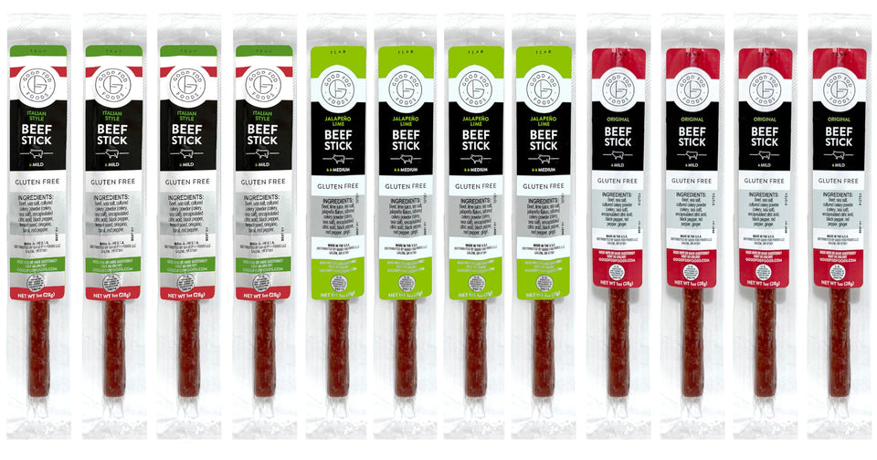 Good Fod Foods Meat Stick Variety Pack front view, easy on-the-go snack.