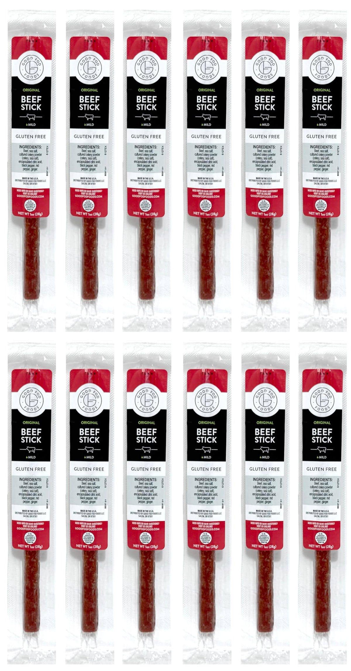 Good Fod Foods Original Meat Sticks pack, convenient twelve-pack for on-the-go snacking.