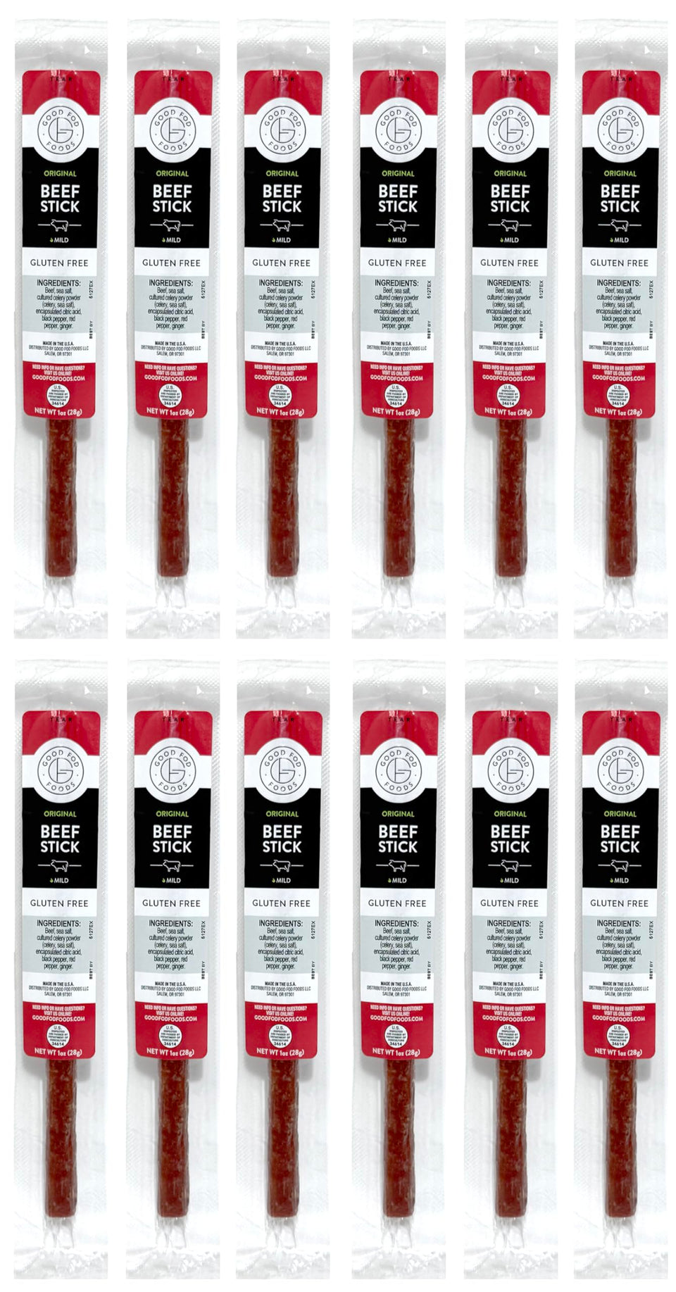 Good Fod Foods Original Meat Sticks pack, convenient twelve-pack for on-the-go snacking.