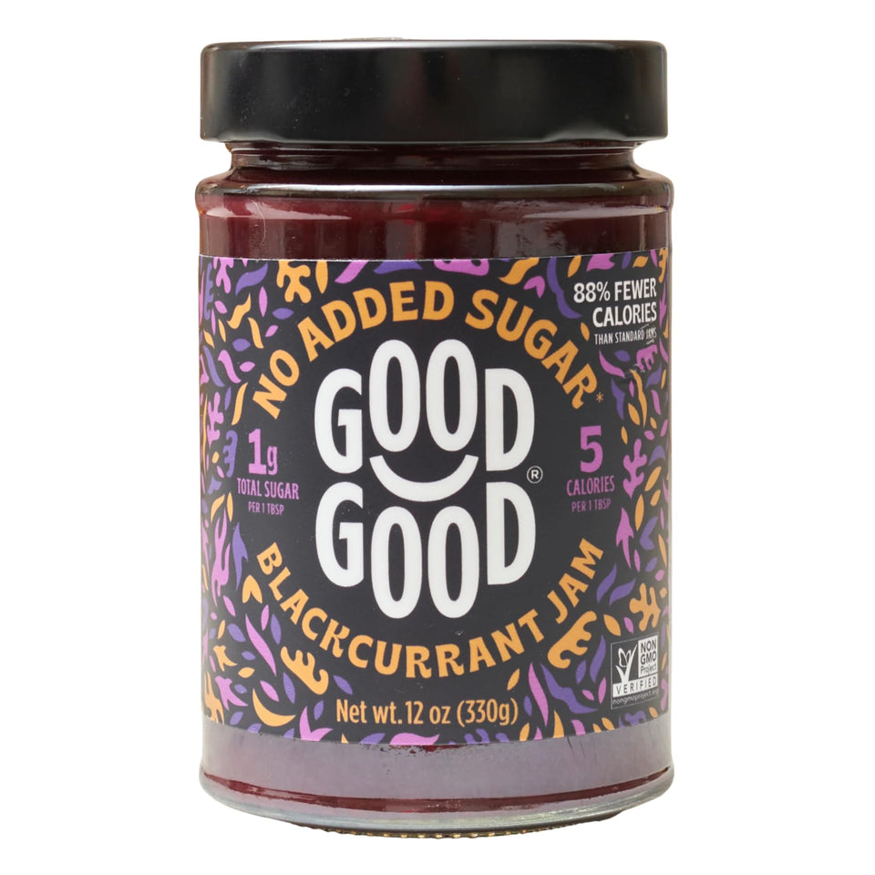 Good Good Blackcurrant Jam bottle close-up highlighting no added sugar and bold flavor