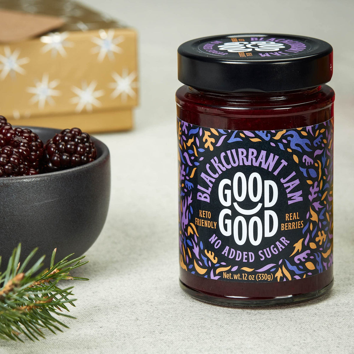 Good Good Blackcurrant Jam jar shows glossy texture ideal for keto friendly spreads